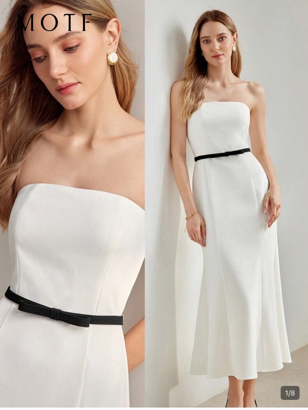 MOTF Strapless White Midi Dress with Black Bow Belt